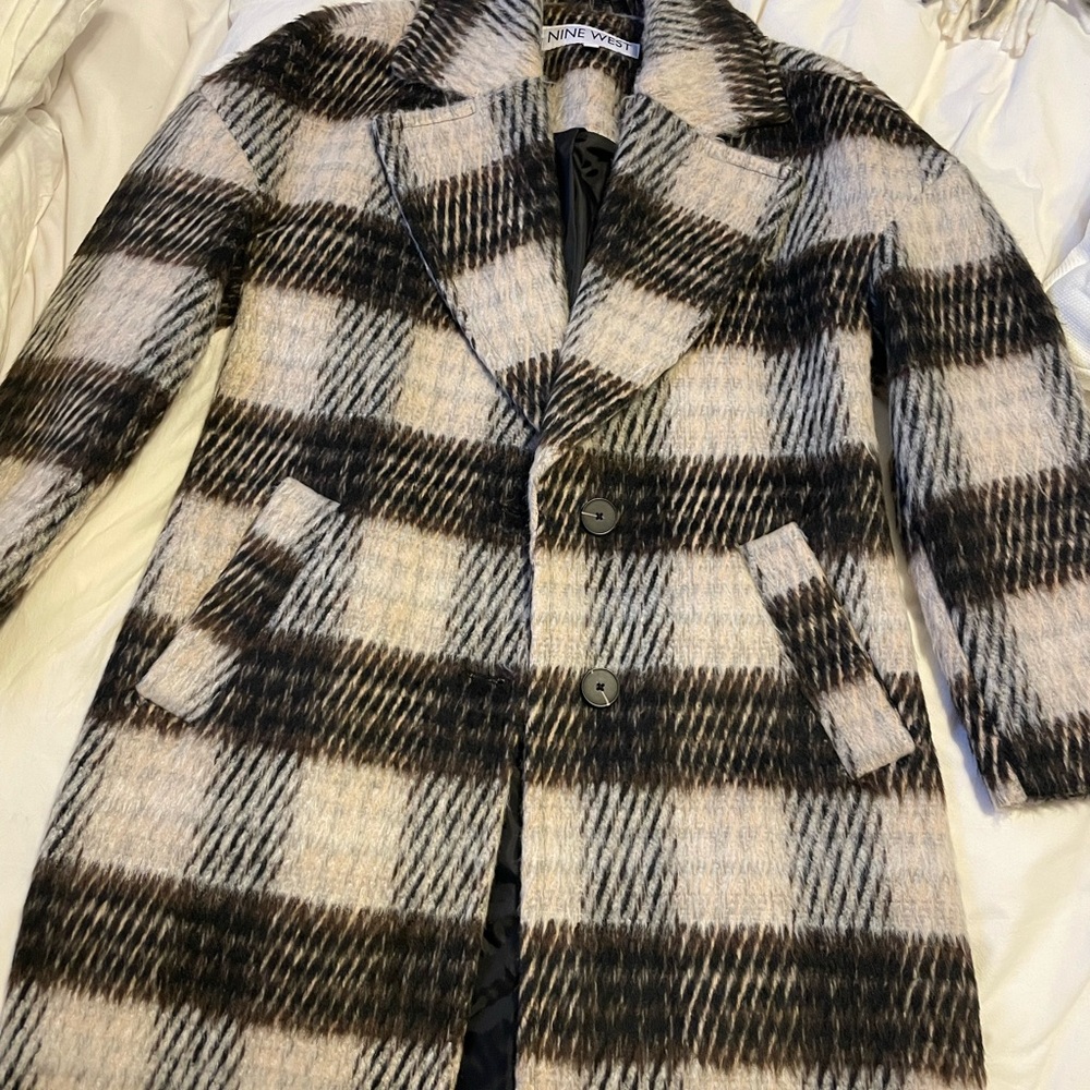 NEW Nine West Brown and Cream Checkered peacoat